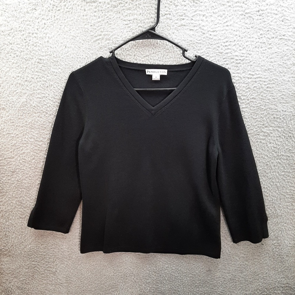 Pendleton Shirt Womens Medium‎ Black V Neck 3/4 Sleeve Preppy Careerwear Casual